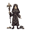 a powerful mage character with a robe and a staff with levitating rocks around her