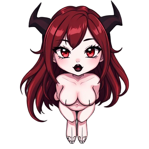 beautiful hot succubus with white skin, dark red shiny hair, black lips, slanted triangular eyes with long eyelashes, white eyes,anime art style