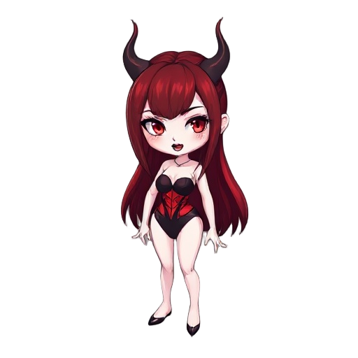 beautiful hot succubus with white skin, dark red shiny hair, black lips, slanted triangular eyes with long eyelashes, white eyes,anime art style