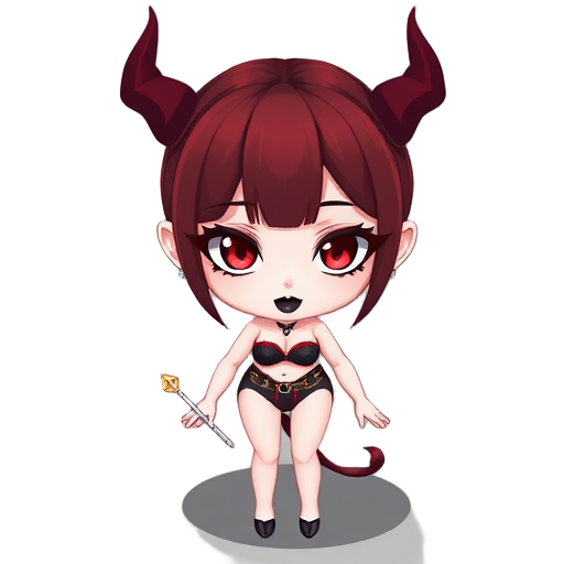 beautiful hot succubus with white skin, dark red shiny hair, black lips, slanted triangular eyes with long eyelashes, white eyes,anime art style