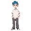 wavy blue-haired person wearing a slightly fitted white t-shirt and loose grey jeans, standing casually.
