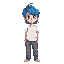 wavy blue-haired person wearing a slightly fitted white t-shirt and loose grey jeans, standing casually.