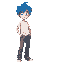 wavy blue-haired person wearing a slightly fitted white t-shirt and loose grey jeans, standing casually.