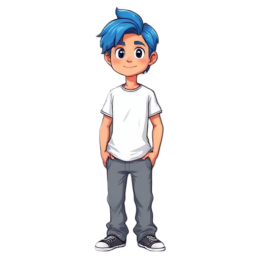 wavy blue-haired person wearing a slightly fitted white t-shirt and loose grey jeans, standing casually.
