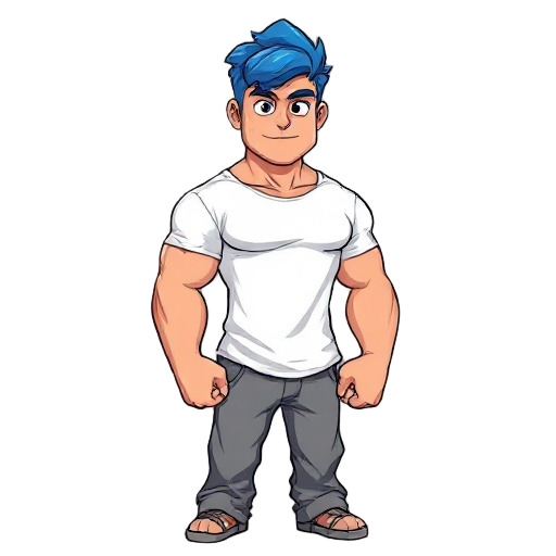 a broad-shouldered, well-built person with wavy blue hair, wearing a slightly fitted white t-shirt that defines their muscular physique, and loose grey jeans, standing casually.