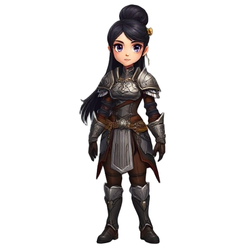 female character with detailed armor, composed of metal pieces and leather. she has long, dark hair, styled in a high bun decorated with ornaments. the armor is elegant and sophisticated, standing out