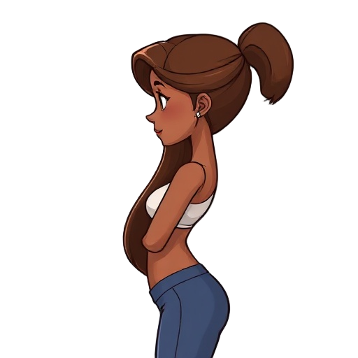             uma personagem feminina realista, vista lateral, em pose neutra. ela tem pele morena clara, cabelos pretos longos e lisos, olhos castanhos e uma expressão facial neutra. seu corpo é esguio, mas naturalmente curvilíneo, com cintura fina, seios 