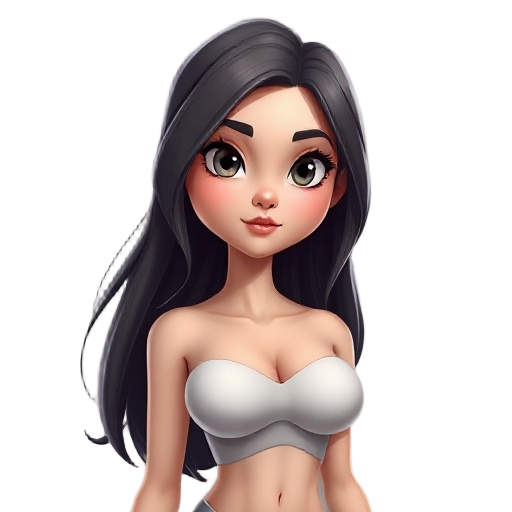 uma personagem feminina estilo realista, corpo nua, cabelos longos, cabelo longo liso e pretos, expressão neutra, pose em pé, braços soltos, e um corpo com seios e glúteos grandes e naturais