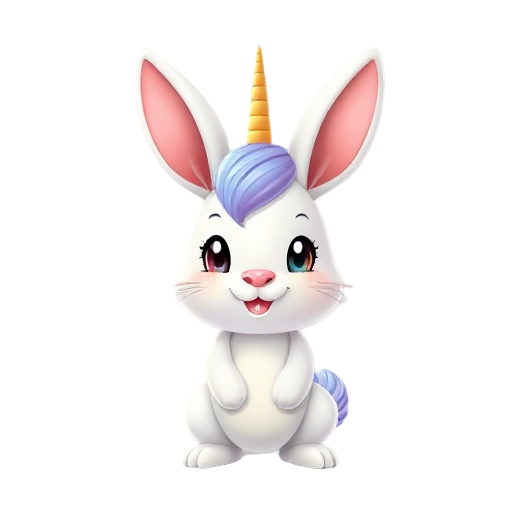 create a bunny rabbit character with a unicorn on its head, make it cute 