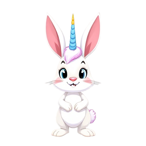 create a bunny rabbit character with a unicorn on its head, make it cute 