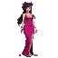 beautiful muscular japanese woman in sleeveless magenta low-cut v-neck dragon pelvic-curtain slit-dress, slit dress, long black hair, facing forward