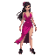 beautiful muscular japanese woman in sleeveless magenta low-cut v-neck dragon pelvic-curtain slit-dress, martial-artist slit dress, long black hair, black sneakers, facing forward