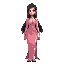 beautiful strong japanese woman in sleeveless pink low-cut v-neck dragon pelvic-curtain slit-dress, slit dress, long black hair, facing forward