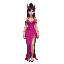 beautiful strong japanese woman in sleeveless magenta low-cut v-neck dragon pelvic-curtain slit-dress, slit dress, long black hair, facing forward