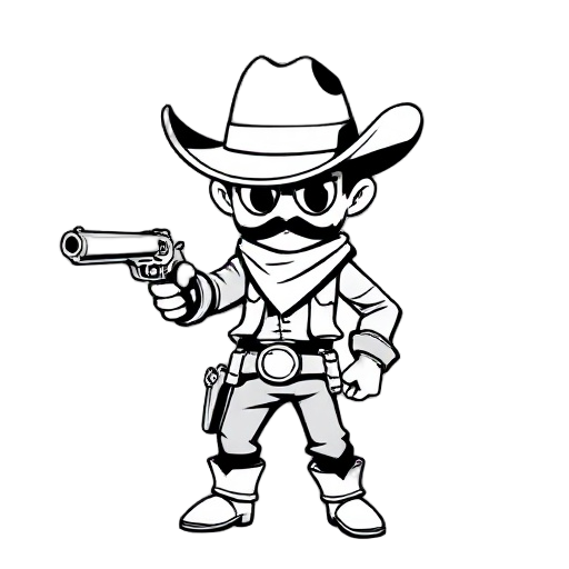 create a black and white monochromatic cowboy who uses a revolver, chibi version
