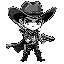 create a black and white monochromatic cowboy who uses a revolver, chibi version