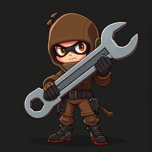 create a cyberpunk themed character, dressed in brown and holding a giant wrench as if it were a sword