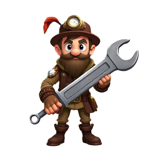 create a steampunk themed character, dressed in brown and holding a giant wrench as if it were a sword