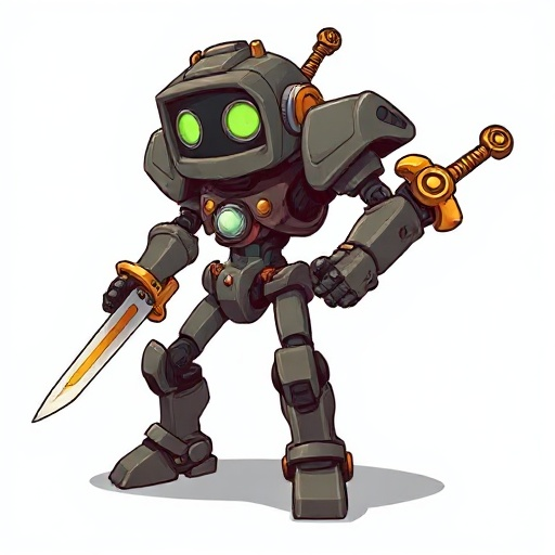 create a steam punk themed robot character with one of its arms as a sword. follow the same art style as the current image.