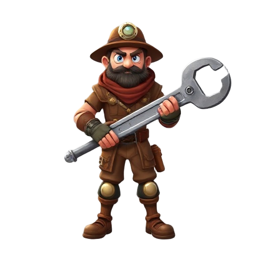 create a steampunk themed character, dressed in brown and holding a giant wrench as if it were a sword