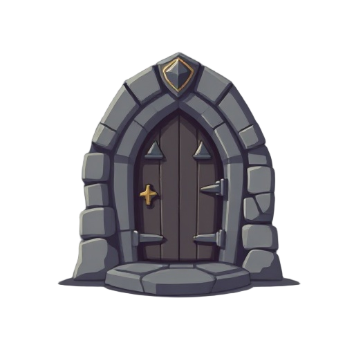 icon, retro y2k 3d graphic. medieval mmorpg theme. mystical crypt door. minimalist. no background.