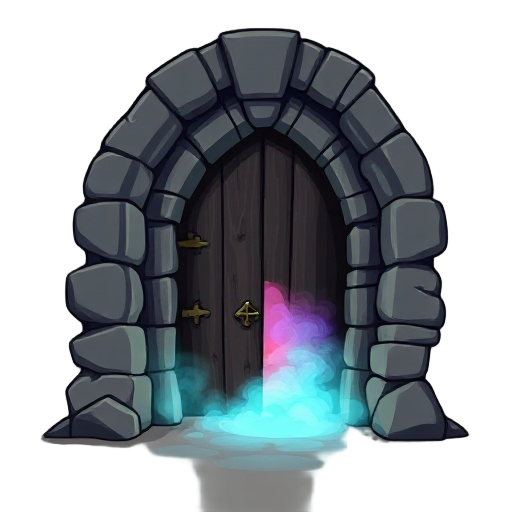 medieval crypt door, colored fog coming from entrance