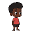 pixelated, 8-bit portrait of a young, dark-skinned child, likely preteen.  subject wears a simple, coral-red t-shirt and dark gray or black shorts.  neutral expression, facing slightly to the right.  