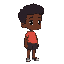 pixelated, 8-bit portrait of a young, dark-skinned child, likely preteen. subject wears a simple, coral-red t-shirt and dark gray or black shorts. neutral expression, facing slightly to the right.