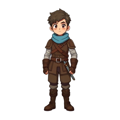 2d game character full-body in idle pose, breathing slowly, standing on neutral background. character is a young adventurer wearing brown leather armor, light blue scarf, small sword at the waist, confident but calm facial expression. style: 2d anime pixe