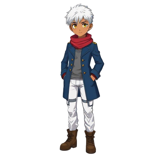 brown skin, blue military coat, grey shirt, white military pants, brown boots, red scarf, anime style, yellow eyes, white hair , young