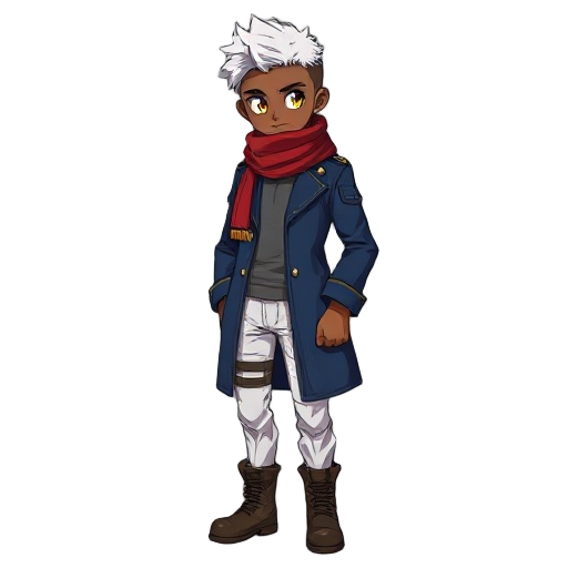 brown skin, blue military coat, grey shirt, white military pants, brown boots, red scarf, anime style, yellow eyes, white hair , adult
