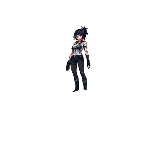 create a detailed cyberpunk/post-apocalyptic scene featuring a lone heroine standing on the roof of a ruined building. she should have a striking, resilient appearance—cybernetic enhancements.