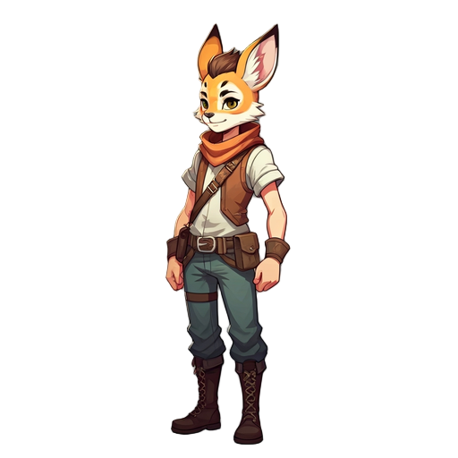 generate a unique 2d game character in a cartoon anime-art style. the character should look original and suitable for a side-scrolling adventure game. randomize details such as gender, hairstyle, clothing, accessories, color palette, and theme animal
