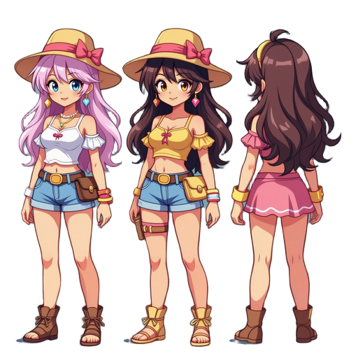 generate a unique 2d game character in a cartoon anime-art style. the character should look original and suitable for a side-scrolling adventure game. randomize details such as gender, hairstyle, clothing, accessories, color palette, and theme anime girl