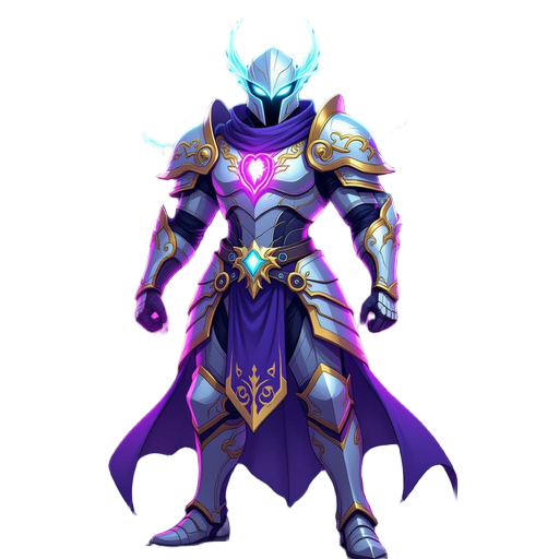 futuristic arcane knight, glowing silver armor with gold filigree, radiant purple energy core on chest, cyan eyes, swirling neon magic, heroic pose, cosmic background, vivid magenta and blue lighting, ultra detailed digital art, fantasy sci-fi style