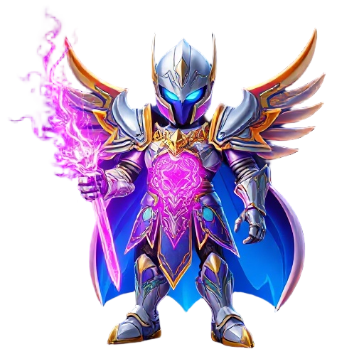 futuristic arcane knight, glowing silver armor with gold filigree, radiant purple energy core on chest, cyan eyes, swirling neon magic, heroic pose, cosmic background, vivid magenta and blue lighting, ultra detailed digital art, fantasy sci-fi style