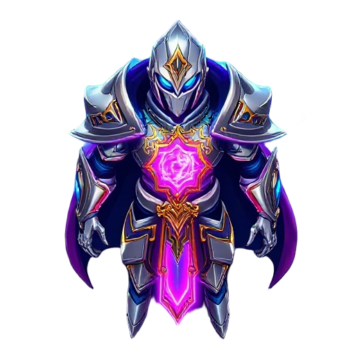 futuristic arcane knight, glowing silver armor with gold filigree, radiant purple energy core on chest, cyan eyes, swirling neon magic, heroic pose, cosmic background, vivid magenta and blue lighting, ultra detailed digital art, fantasy sci-fi style