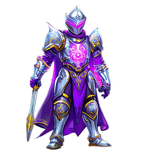 futuristic arcane knight, glowing silver armor with gold filigree, radiant purple energy core on chest, cyan eyes, swirling neon magic, heroic pose, cosmic background, vivid magenta and blue lighting, ultra detailed digital art, fantasy sci-fi style