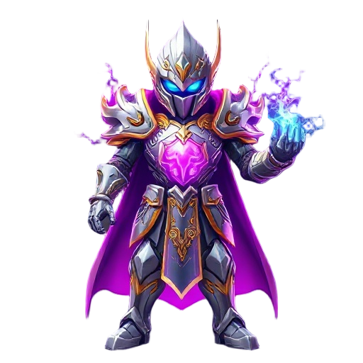 futuristic arcane knight, glowing silver armor with gold filigree, radiant purple energy core on chest, cyan eyes, swirling neon magic, heroic pose, cosmic background, vivid magenta and blue lighting, ultra detailed digital art, fantasy sci-fi style