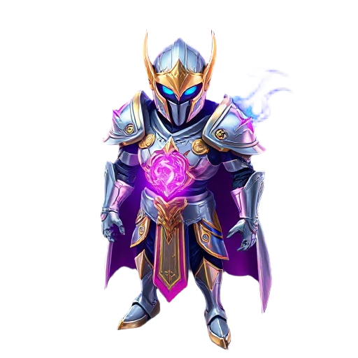 futuristic arcane knight, glowing silver armor with gold filigree, radiant purple energy core on chest, cyan eyes, swirling neon magic, heroic pose, cosmic background, vivid magenta and blue lighting, ultra detailed digital art, fantasy sci-fi style