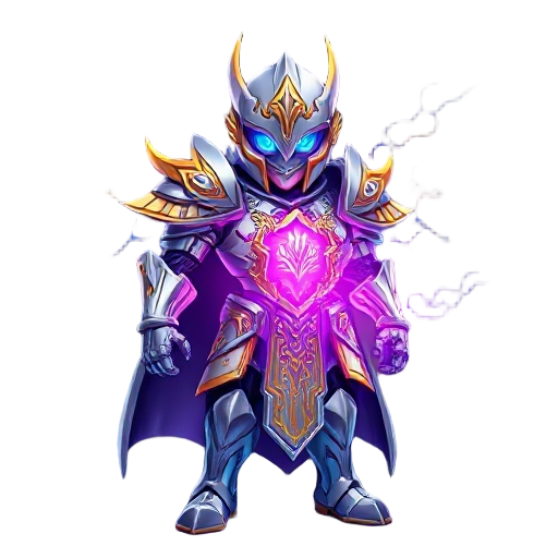 futuristic arcane knight, glowing silver armor with gold filigree, radiant purple energy core on chest, cyan eyes, swirling neon magic, heroic pose, cosmic background, vivid magenta and blue lighting, ultra detailed digital art, fantasy sci-fi style