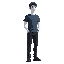 tall man with short hair and and white skin and dark blue t-shirt and black pants and black shoes