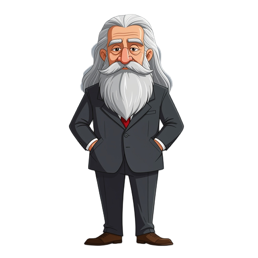 domineering, elderly old man with very long hair and beard, in suit keeps his hands in pockets
