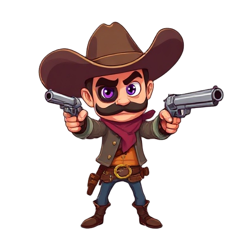 un vaquero sonriente con un ojo morado apuntado con un revolver 