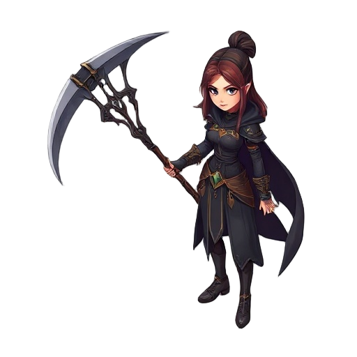 a woman wielding a scythe, wearing dark clothes with a glimpse of gold, dark energy, role playing video game 