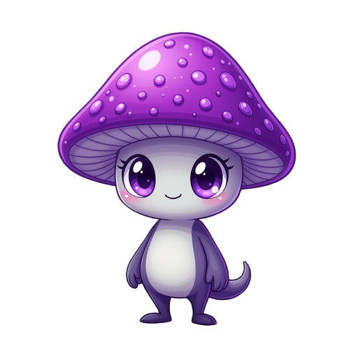 "a small poisonous mushroom character named thorn, with a glowing purple cap covered in tiny spore dots, a slender stem body, and large expressive eyes, in a 2d hand-drawn style like hollow knight and