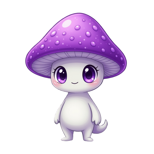 "a small poisonous mushroom character named thorn, with a glowing purple cap covered in tiny spore dots, a slender stem body, and large expressive eyes, in a 2d hand-drawn style like hollow knight and