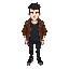 make 64px height and 32 width sprite white man skinny and short hair with leather brown jacket and black t-shirt and black pants black hair