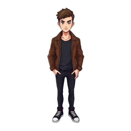make 64px height and 32 width sprite white man skinny and short hair with leather brown jacket and black t-shirt and black pants