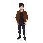 make 64px height and 32 width sprite white man skinny and short hair with leather brown jacket and black t-shirt and black pants black hair with no face
